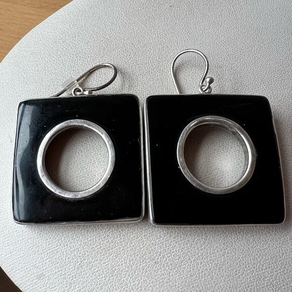 VINTAGE ONYX 925 SS LARGE OVERSIZED STATEMENT DROP DANGLE GEOMETRIC EARRINGS